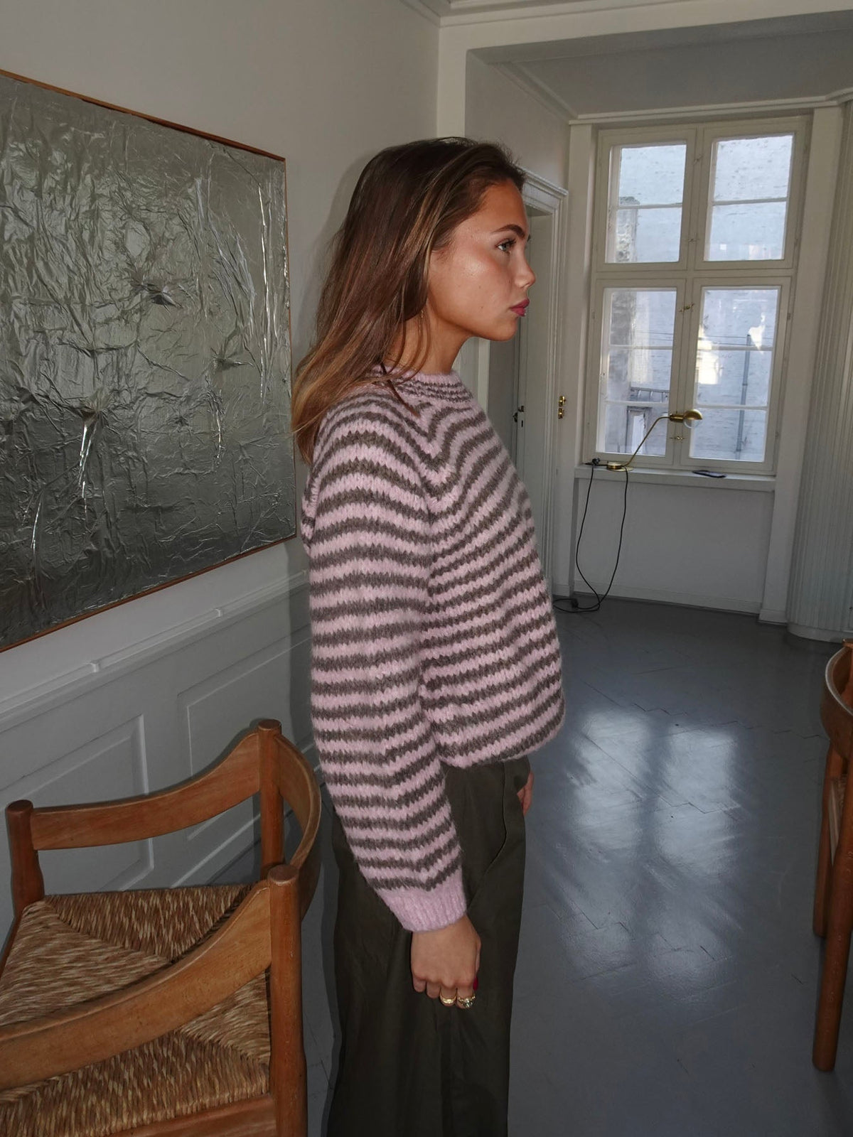 Zeya knit with stripes - Baby pink/taupe