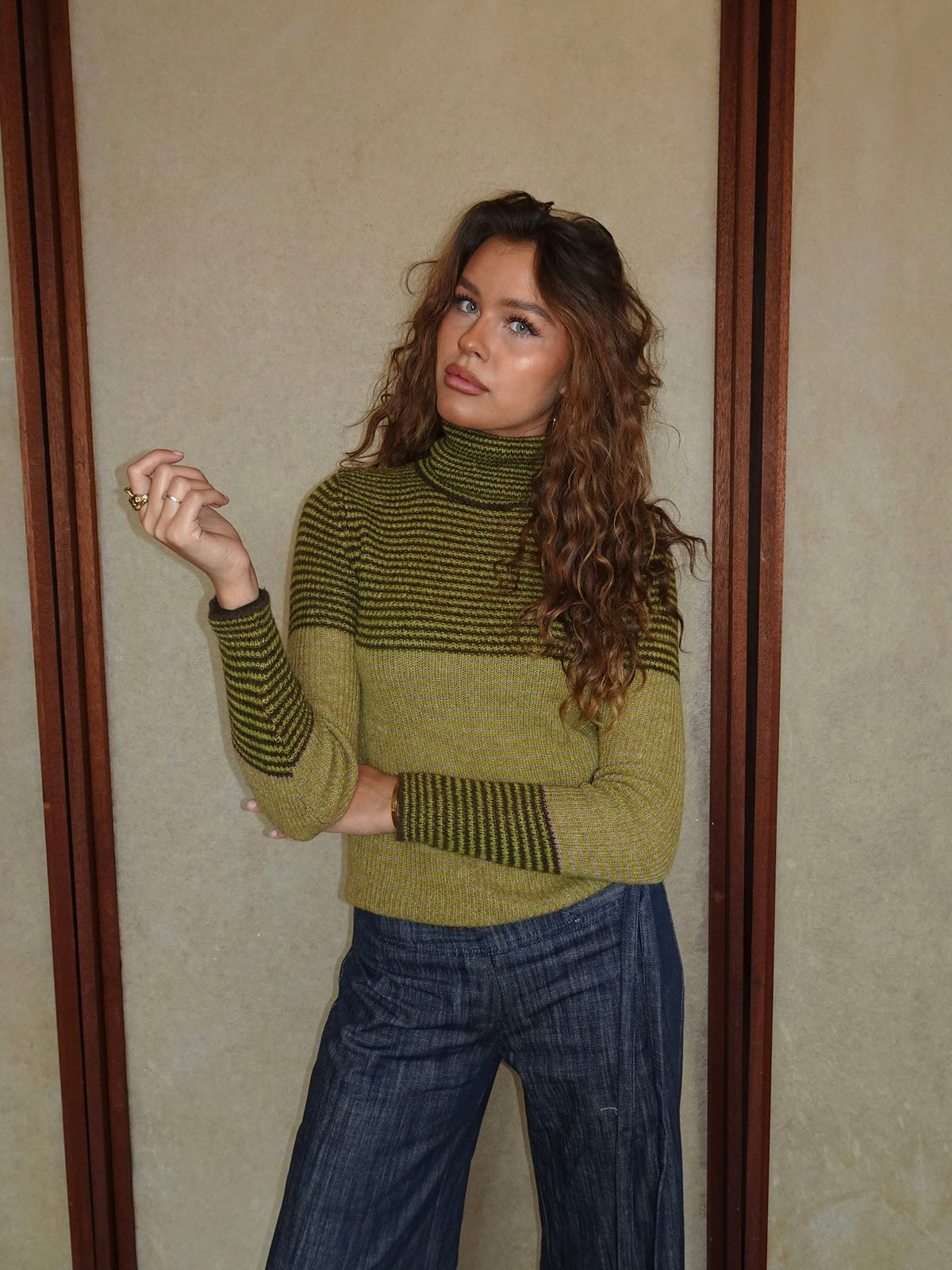 Swela knit with turtleneck - Green/brown